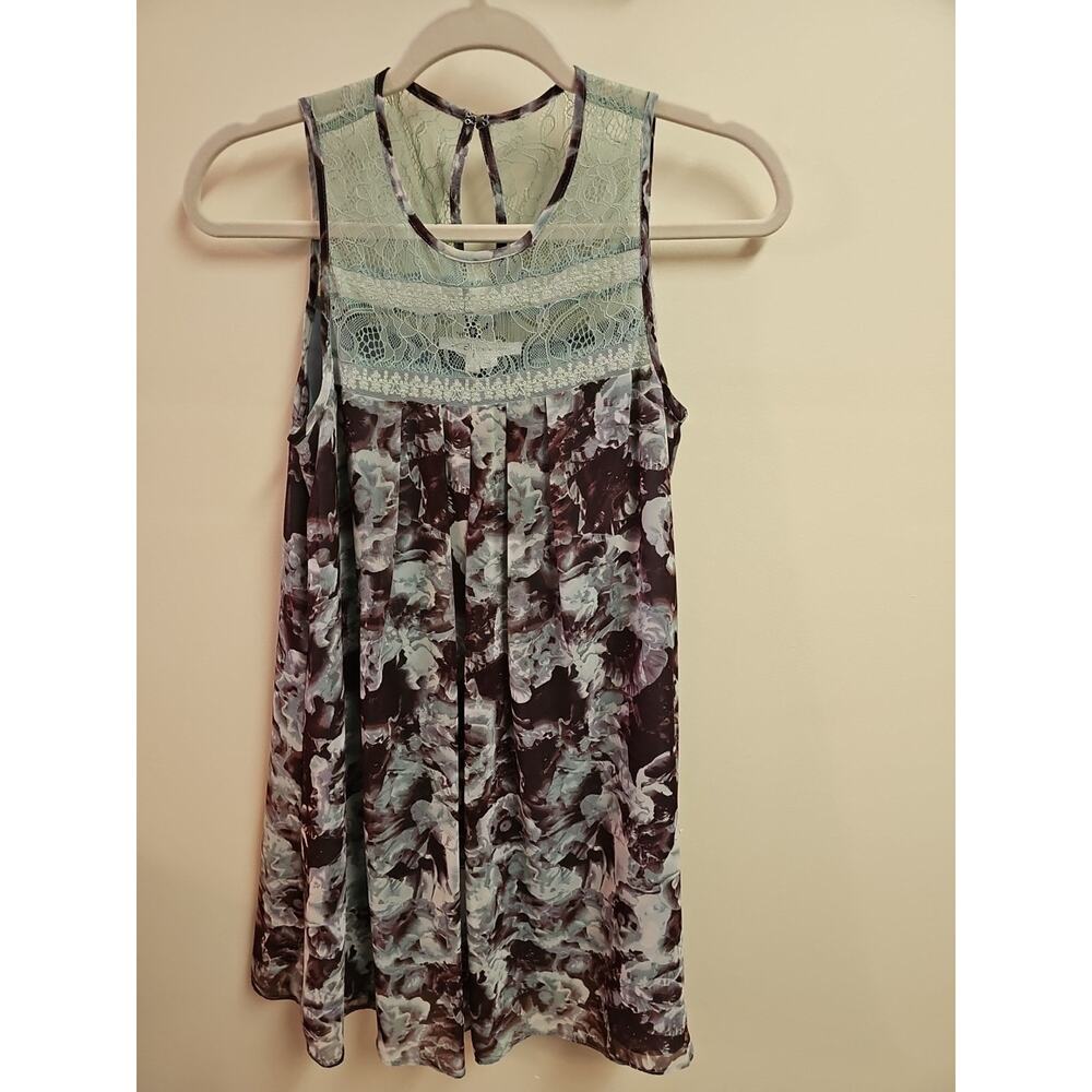 BCBGeneration Dress, Size XS | Trapeze, Lined, Floral Green Purple w Lace - Picture 2 of 7